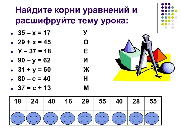 Найдите корни уравнений и расшифруйте тему урока: 35 – х =