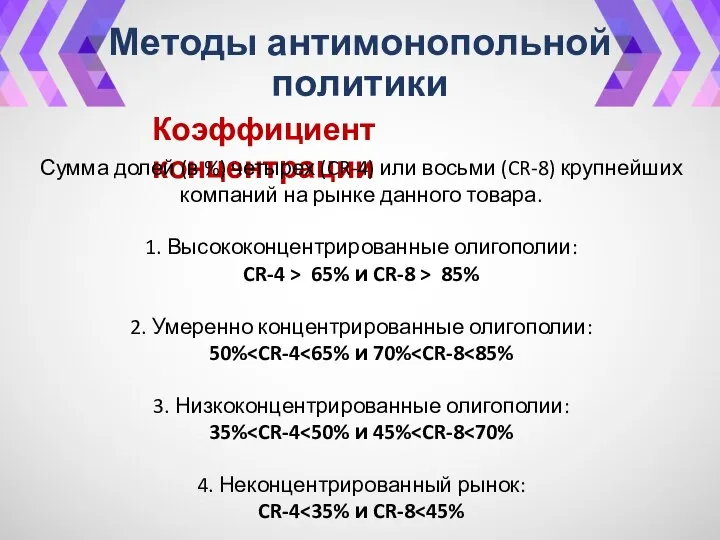 Методы антимонопольной политики Коэффициент концентрации Сумма долей (в %) четырех (CR-4)