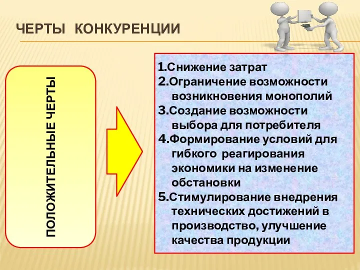 ЧЕРТЫ КОНКУРЕНЦИИ ПОЛОЖИТЕЛЬНЫЕ ЧЕРТЫ 1.Снижение затрат 2.Ограничение возможности возникновения монополий 3.Создание