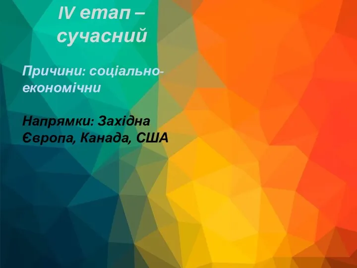 IV етап – сучасний Причини: соціально-економічни Напрямки: Західна Європа, Канада, США