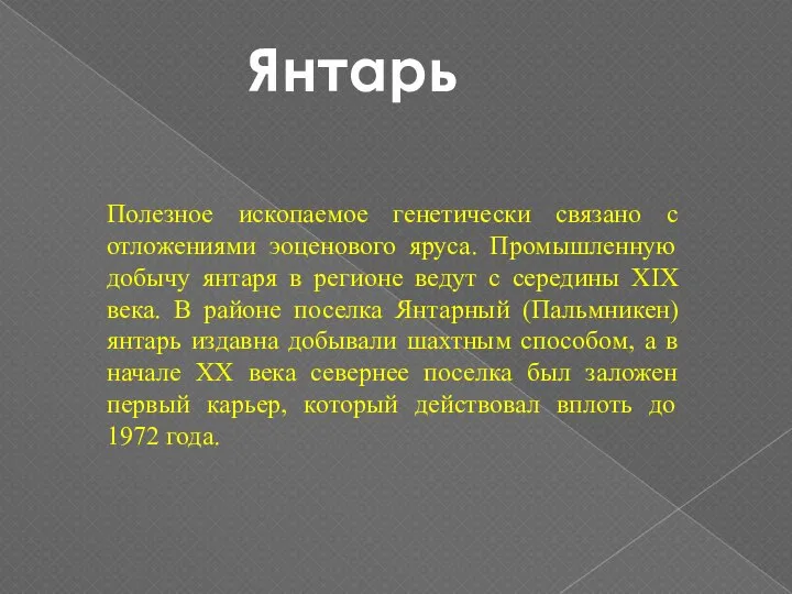 Полезное ископаемое генетически связано с отложениями эоценового яруса. Промышленную добычу янтаря