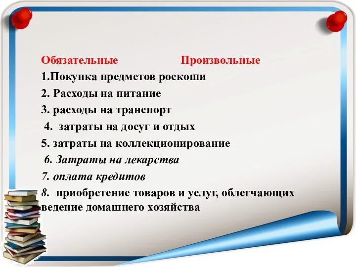 Обязательные Произвольные 1.Покупка предметов роскоши 2. Расходы на питание 3. расходы