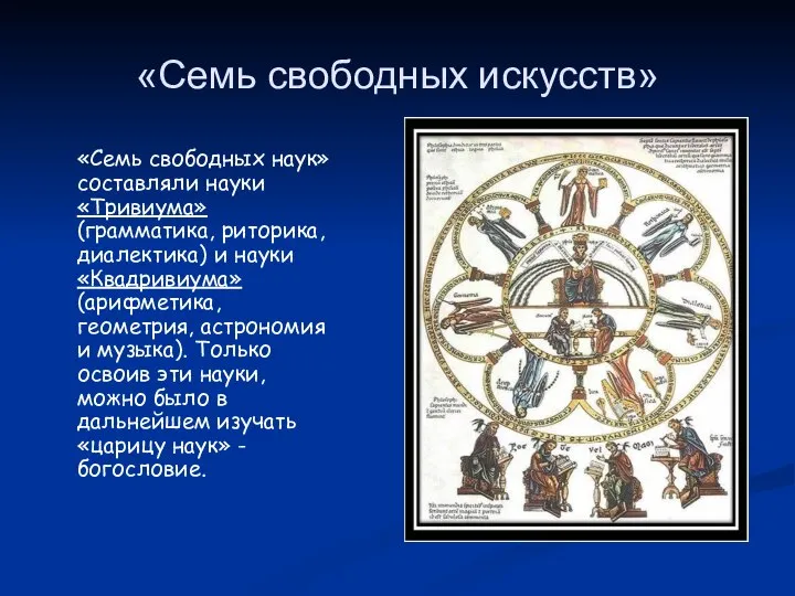 «Семь свободных искусств» «Семь свободных наук» составляли науки «Тривиума» (грамматика, риторика,