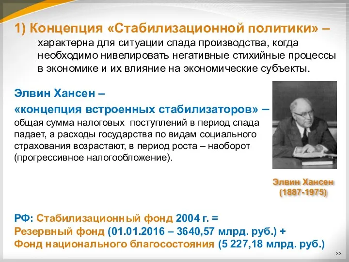 1) Концепция «Стабилизационной политики» – характерна для ситуации спада производства, когда