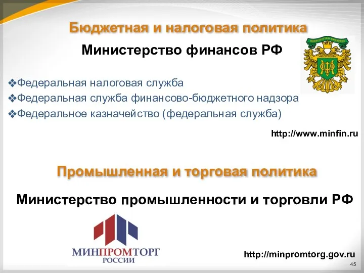 Бюджетная и налоговая политика Министерство финансов РФ Федеральная налоговая служба Федеральная