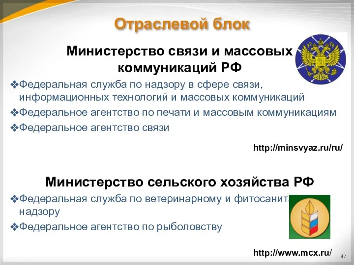 Отраслевой блок Министерство связи и массовых коммуникаций РФ Федеральная служба по