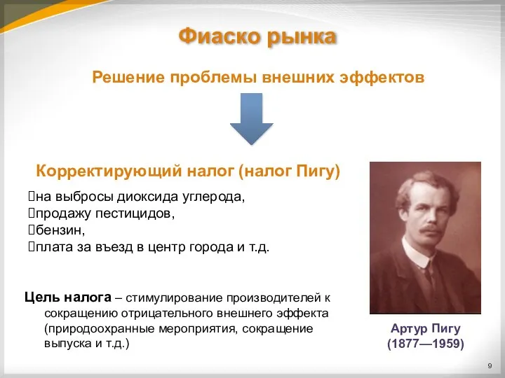 Фиаско рынка Решение проблемы внешних эффектов Корректирующий налог (налог Пигу) на