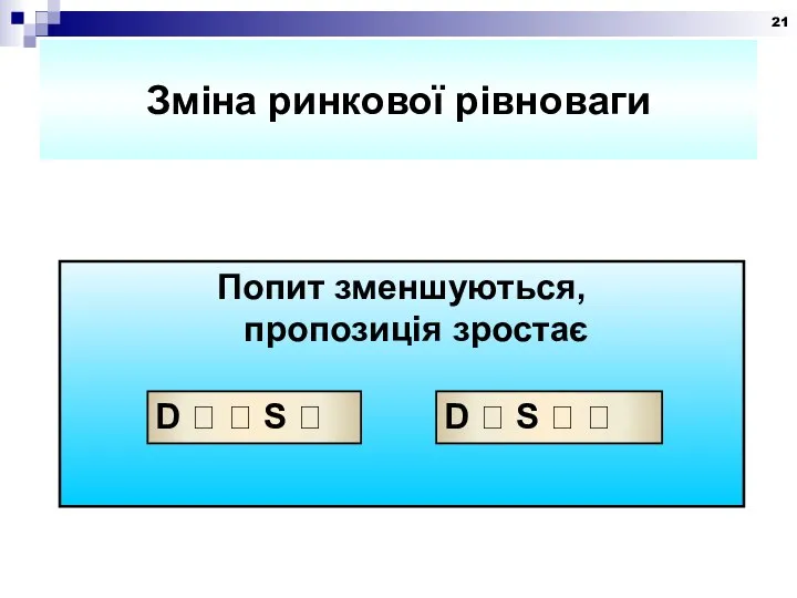 Зміна ринкової рівноваги Попит зменшуються, пропозиція зростає D ? ? S