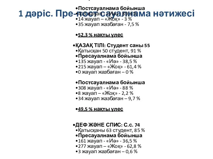 1 дәріс. Пре-пост сауалнама нәтижесі ШЕТ ТІЛІ: Студент саны 74 Қатысқан