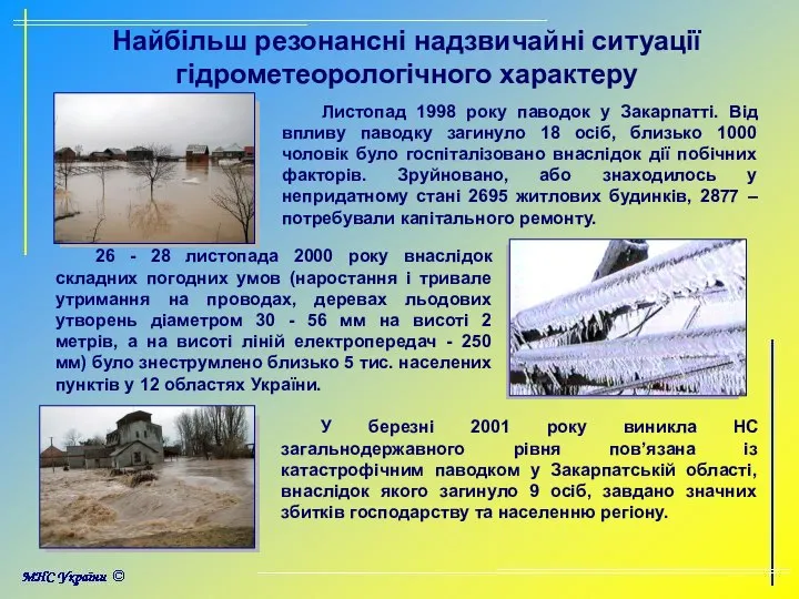 Найбільш резонансні надзвичайні ситуації гідрометеорологічного характеру 26 - 28 листопада 2000