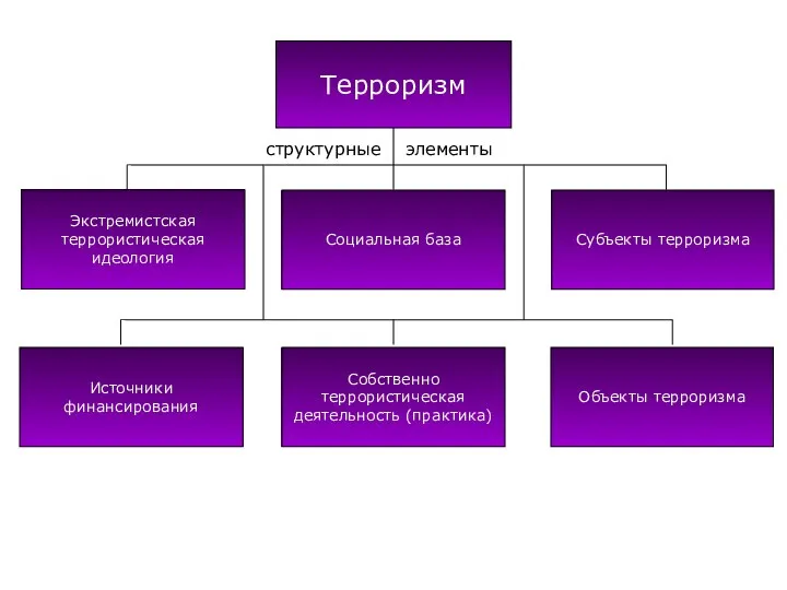 Терроризм Субъекты терроризма Социальная база Объекты терроризма Источники финансирования Собственно террористическая