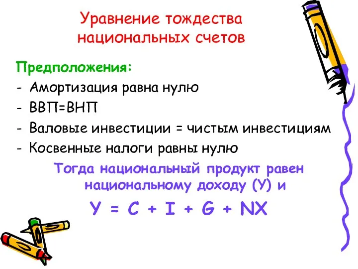 Уравнение тождества национальных счетов Предположения: Амортизация равна нулю ВВП=ВНП Валовые инвестиции