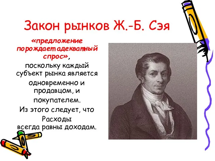 Закон рынков Ж.-Б. Сэя «предложение порождает адекватный спрос», поскольку каждый субъект