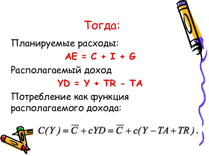 Тогда: Планируемые расходы: AЕ = C + I + G Располагаемый