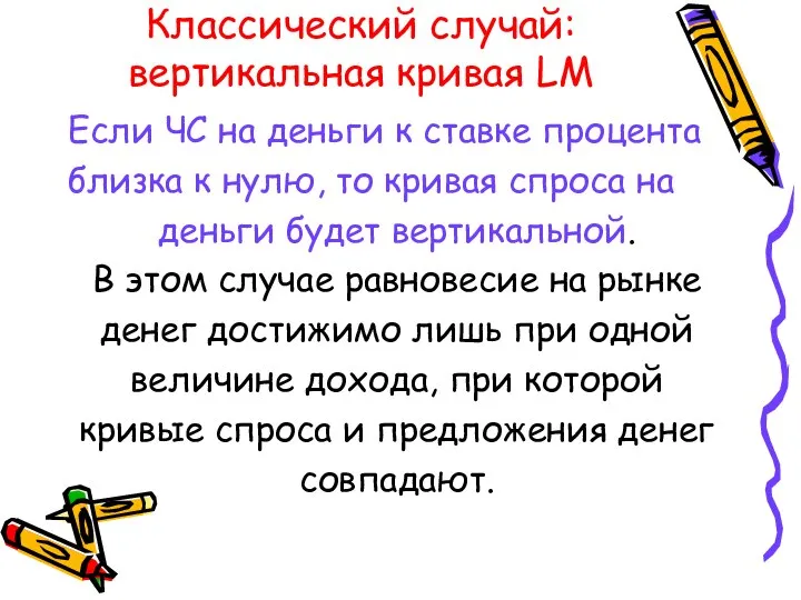 Классический случай: вертикальная кривая LM Если ЧС на деньги к ставке