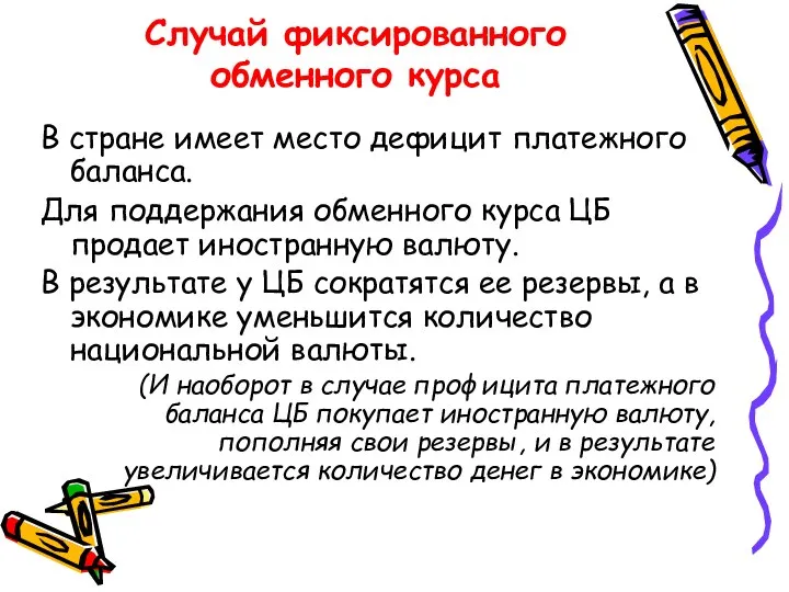 Случай фиксированного обменного курса В стране имеет место дефицит платежного баланса.