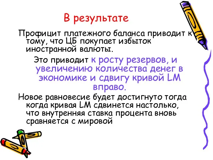 В результате Профицит платежного баланса приводит к тому, что ЦБ покупает