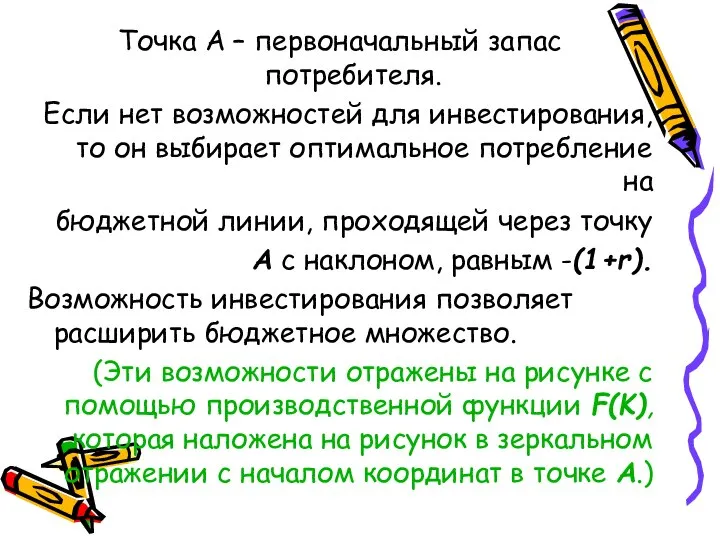 Точка А – первоначальный запас потребителя. Если нет возможностей для инвестирования,