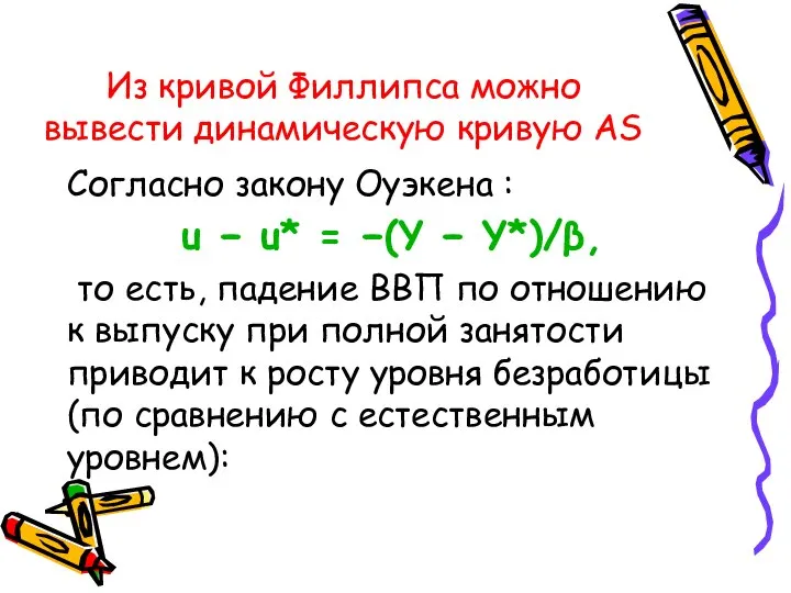 Из кривой Филлипса можно вывести динамическую кривую AS Cогласно закону Оуэкена