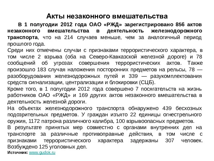 Акты незаконного вмешательства В 1 полугодии 2012 года ОАО «РЖД» зарегистрировано