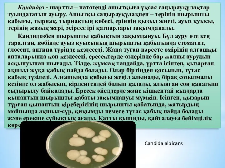 Кандидоз - шартты – патогенді ашытқыға ұқсас саңырауқұлақтар туындататын ауыру. Ашытқы