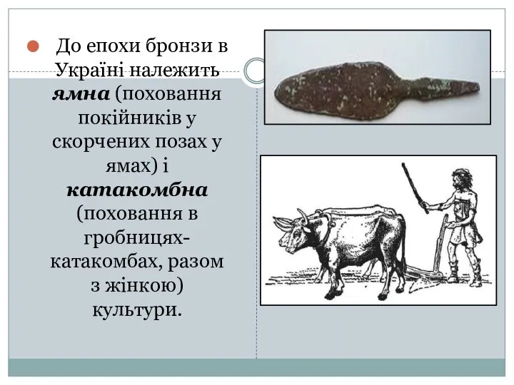 До епохи бронзи в Україні належить ямна (поховання покійників у скорчених
