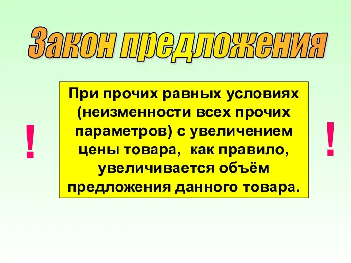 Закон предложения При прочих равных условиях (неизменности всех прочих параметров) с