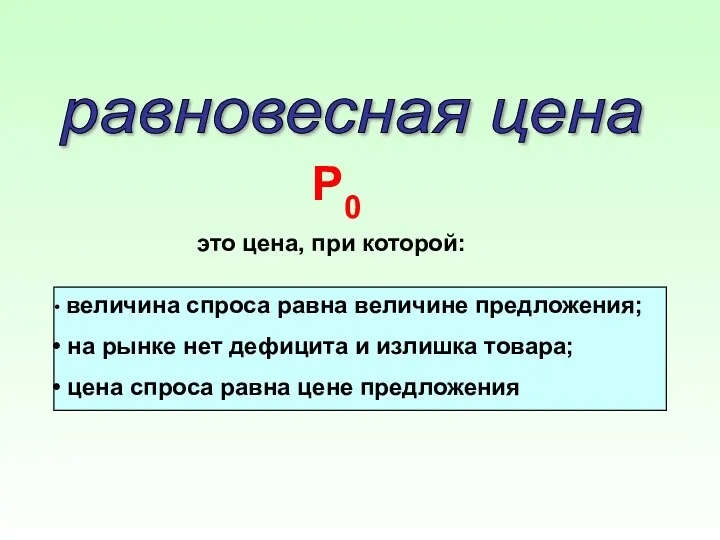 равновесная цена Р0 величина спроса равна величине предложения; на рынке нет