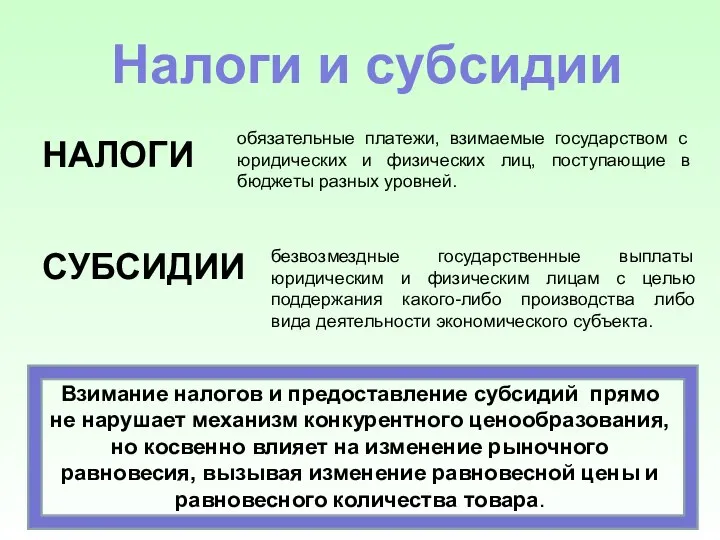 Налоги и субсидии НАЛОГИ обязательные платежи, взимаемые государством с юридических и