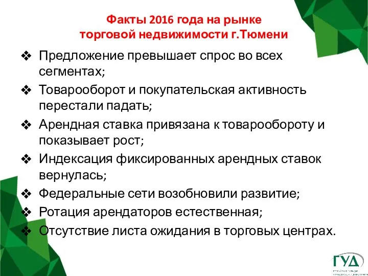 Факты 2016 года на рынке торговой недвижимости г.Тюмени Предложение превышает спрос