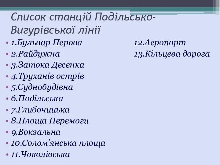 Список станцій Подільсько-Вигурівської лінії 1.Бульвар Перова 12.Аеропорт 2.Райдужна 13.Кільцева дорога 3.Затока