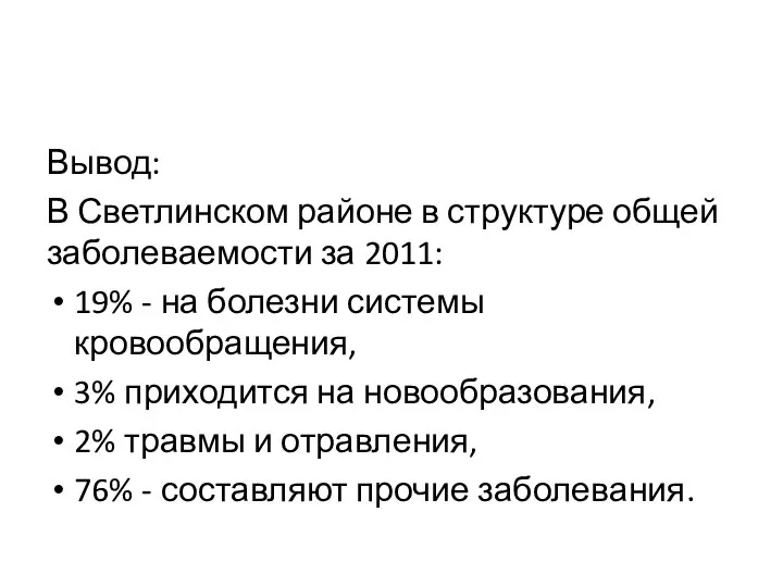 Вывод: В Светлинском районе в структуре общей заболеваемости за 2011: 19%