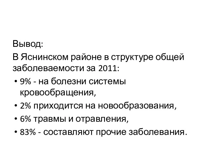 Вывод: В Яснинском районе в структуре общей заболеваемости за 2011: 9%