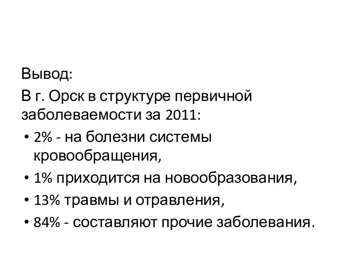 Вывод: В г. Орск в структуре первичной заболеваемости за 2011: 2%