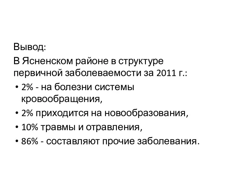 Вывод: В Ясненском районе в структуре первичной заболеваемости за 2011 г.: