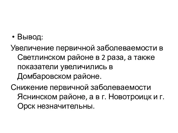 Вывод: Увеличение первичной заболеваемости в Светлинском районе в 2 раза, а