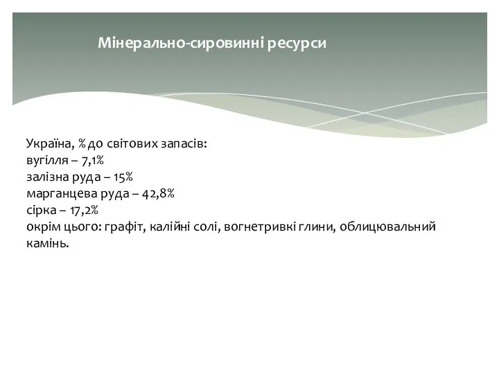 Мінерально-сировинні ресурси Україна, % до світових запасів: вугілля – 7,1% залізна
