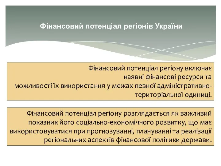 Фінансовий потенціал регіонів України Фінансовий потенціал регіону включає наявні фінансові ресурси