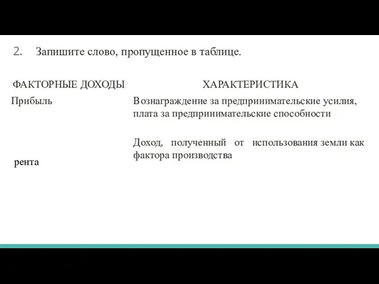 Запишите слово, пропущенное в таблице. рента