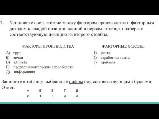 Установите соответствие между фактором производства и факторным доходом к каждой позиции,