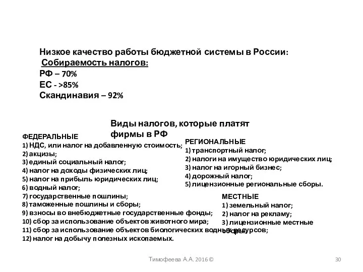 Низкое качество работы бюджетной системы в России: Собираемость налогов: РФ –