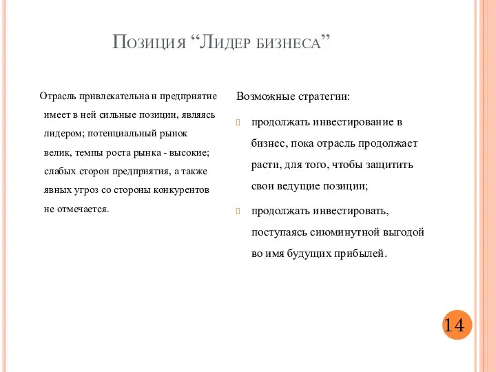 Позиция “Лидер бизнеса” Отрасль привлекательна и предприятие имеет в ней сильные