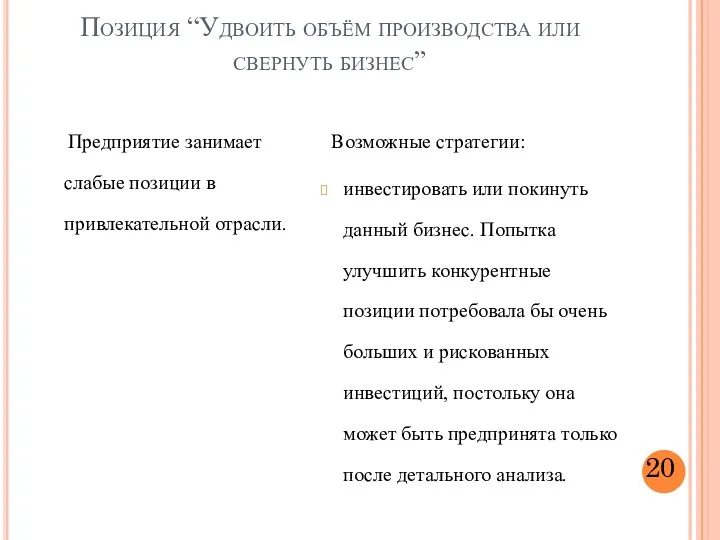 Позиция “Удвоить объём производства или свернуть бизнес” Предприятие занимает слабые позиции