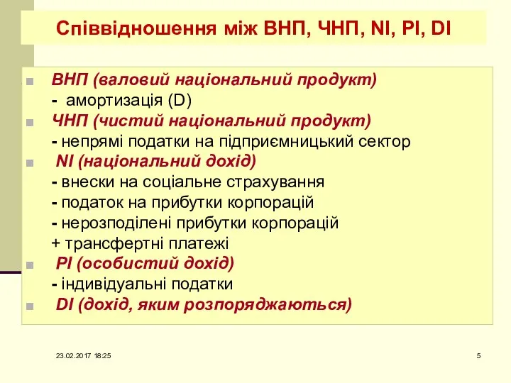 Співвідношення між ВНП, ЧНП, NI, PI, DI ВНП (валовий національний продукт)