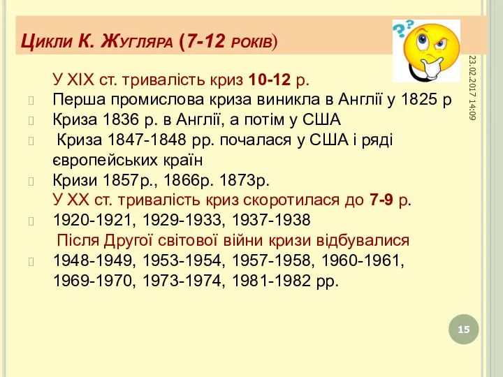 Цикли К. Жугляра (7-12 років) У ХІХ ст. тривалість криз 10-12