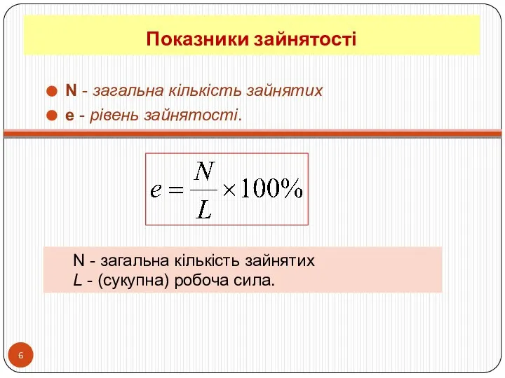 Показники зайнятості N - загальна кількість зайнятих е - рівень зайнятості.