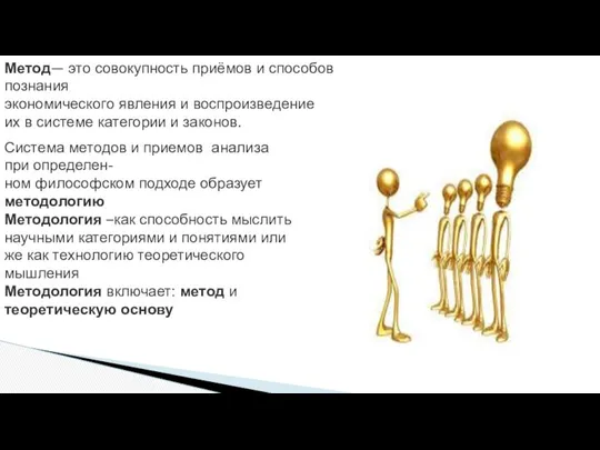 Метод— это совокупность приёмов и способов познания экономического явления и воспроизведение