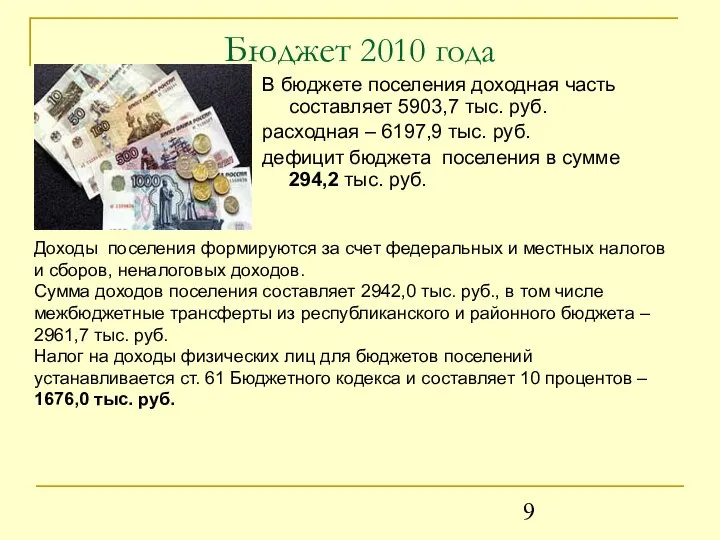 Бюджет 2010 года В бюджете поселения доходная часть составляет 5903,7 тыс.