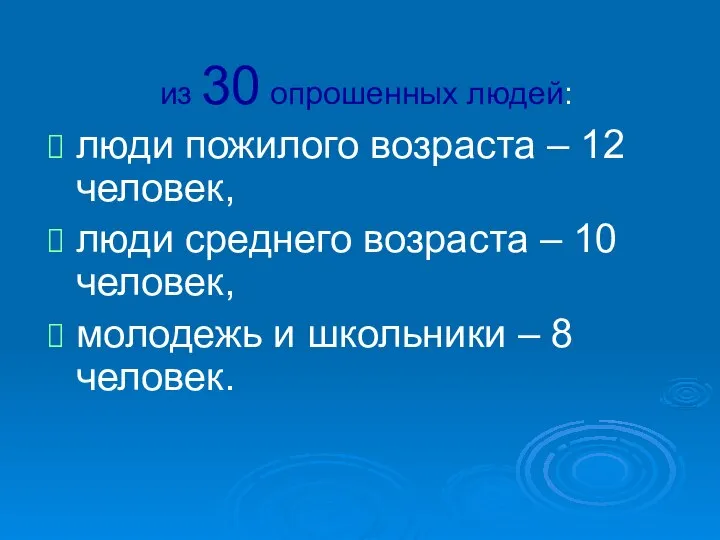 из 30 опрошенных людей: люди пожилого возраста – 12 человек, люди