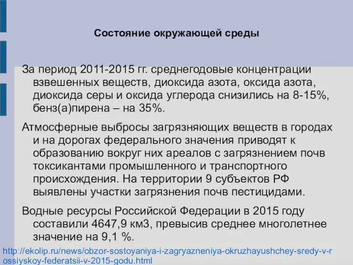 Состояние окружающей среды За период 2011-2015 гг. среднегодовые концентрации взвешенных веществ,